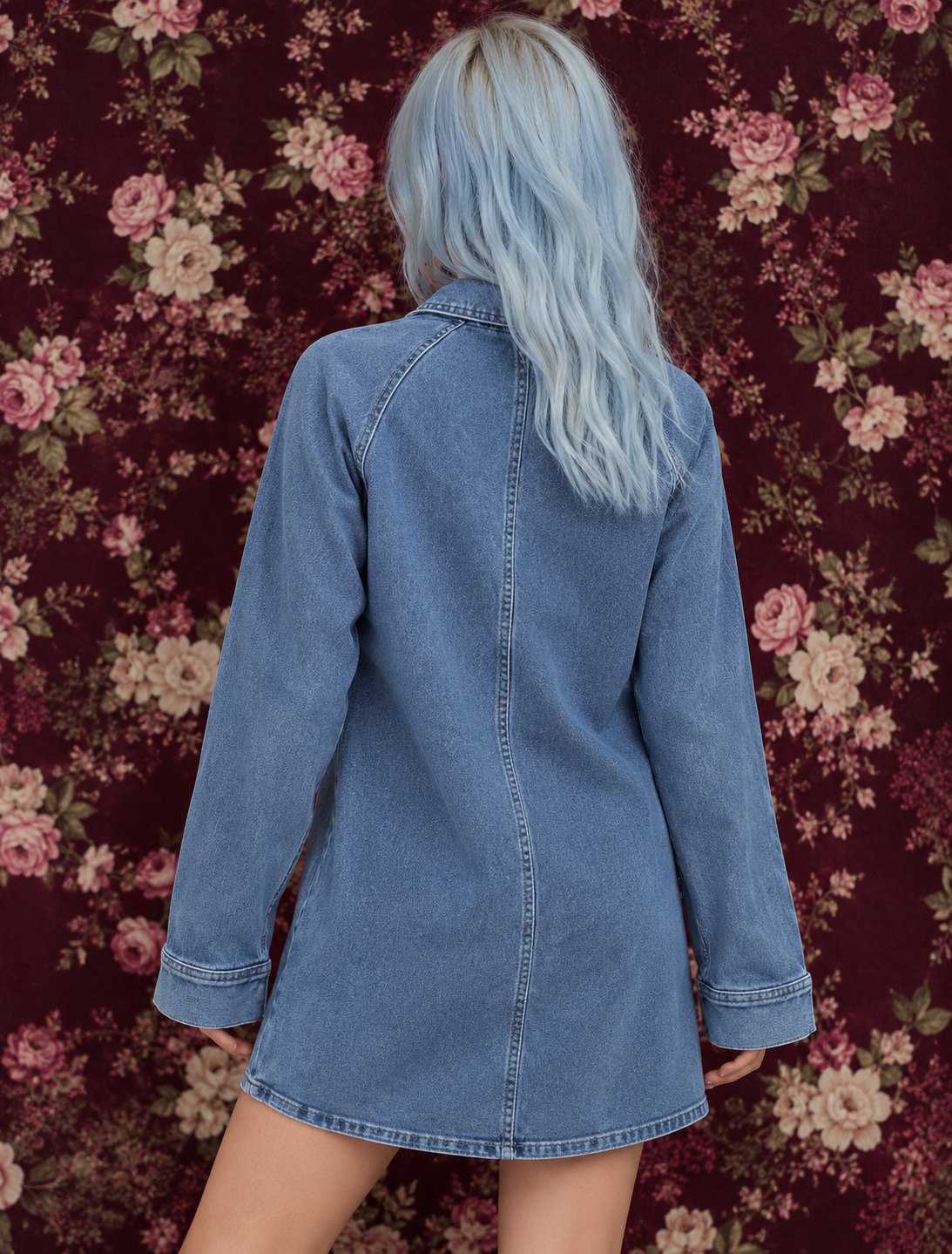 Collared Neck Long Sleeve Denim Dress