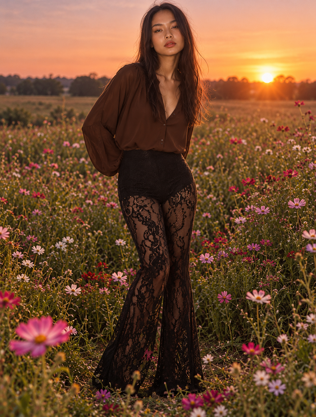 High-Waisted Sheer Floral Lace Flare Pants
