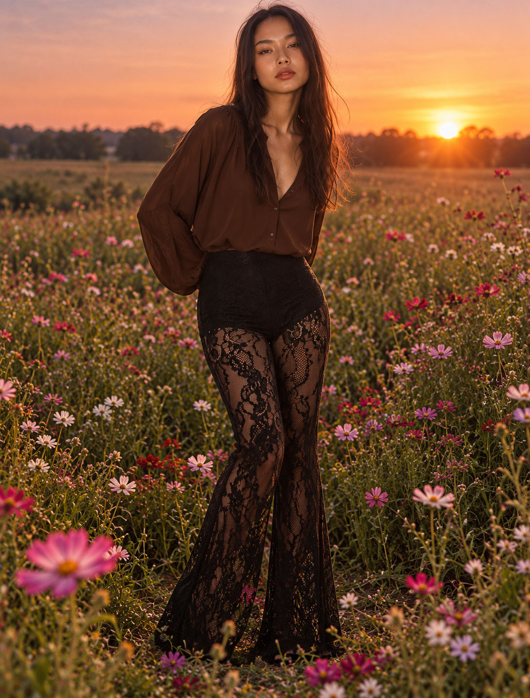 High-Waisted Sheer Floral Lace Flare Pants
