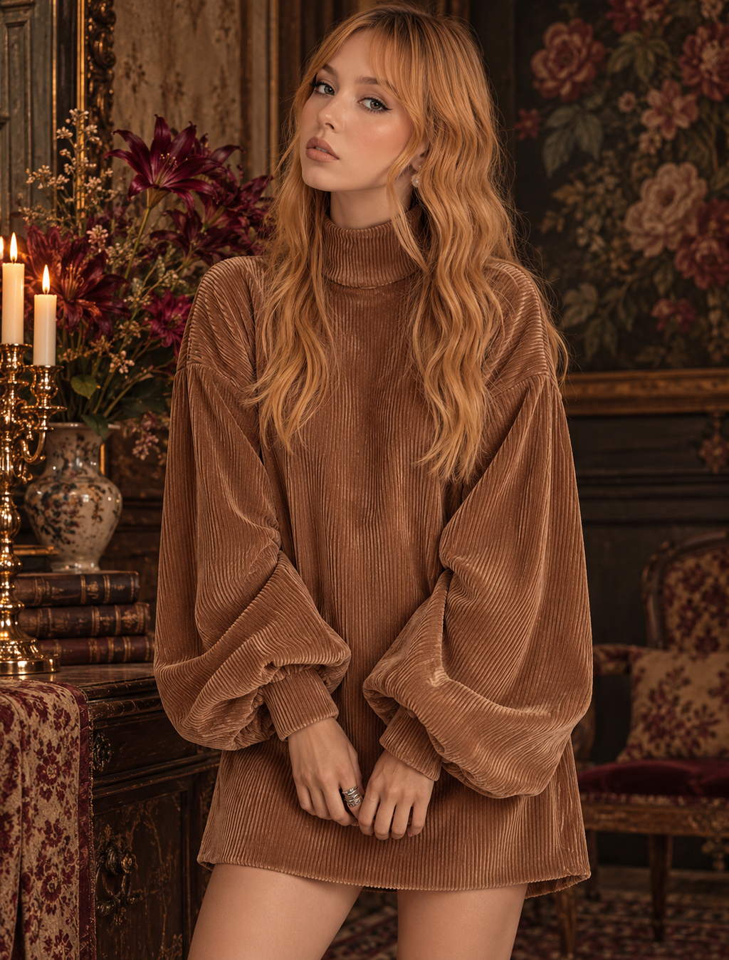 Full Size Corduroy Mock Neck Lantern Sleeve Mini Dress Plus Size
