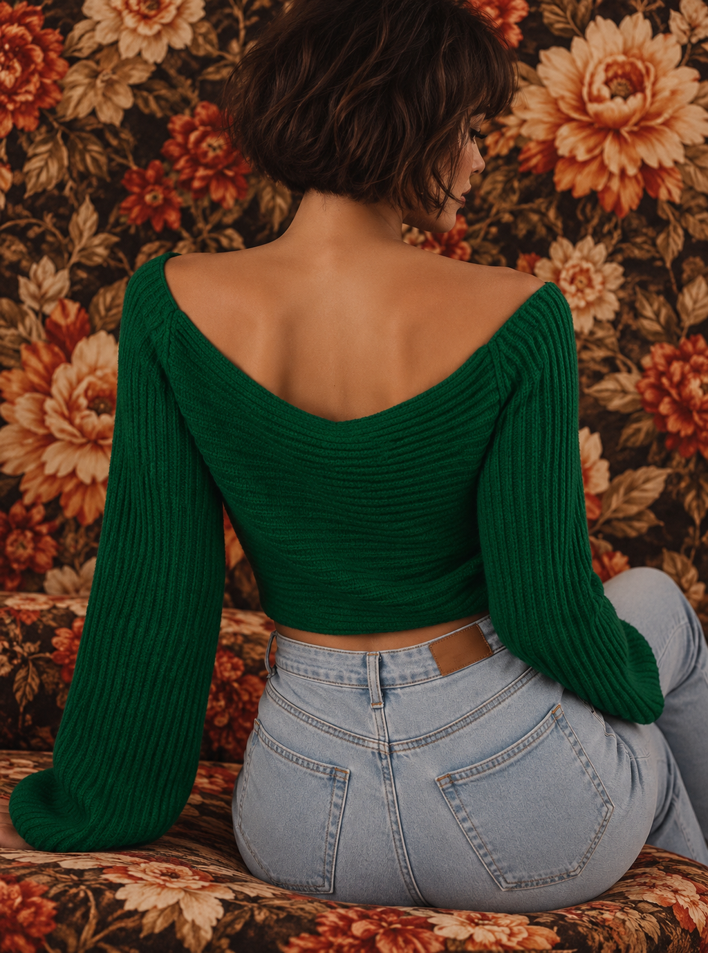 Cropped V-Neck Flare Sleeve Knit Top