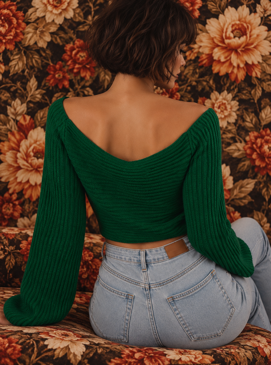 Cropped V-Neck Flare Sleeve Knit Top