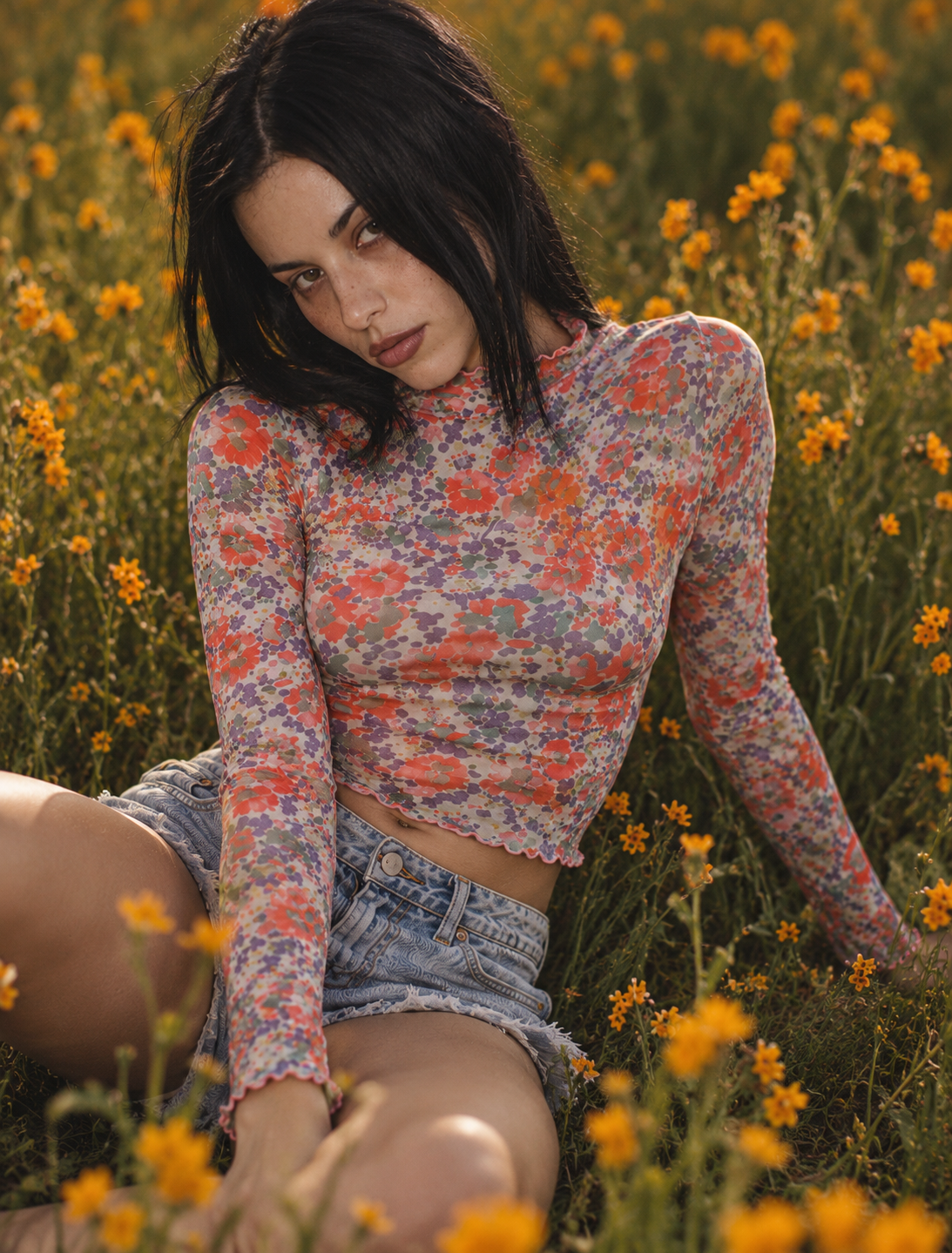 Floral Print Sheer Mesh Long Sleeve Mock Neck Top