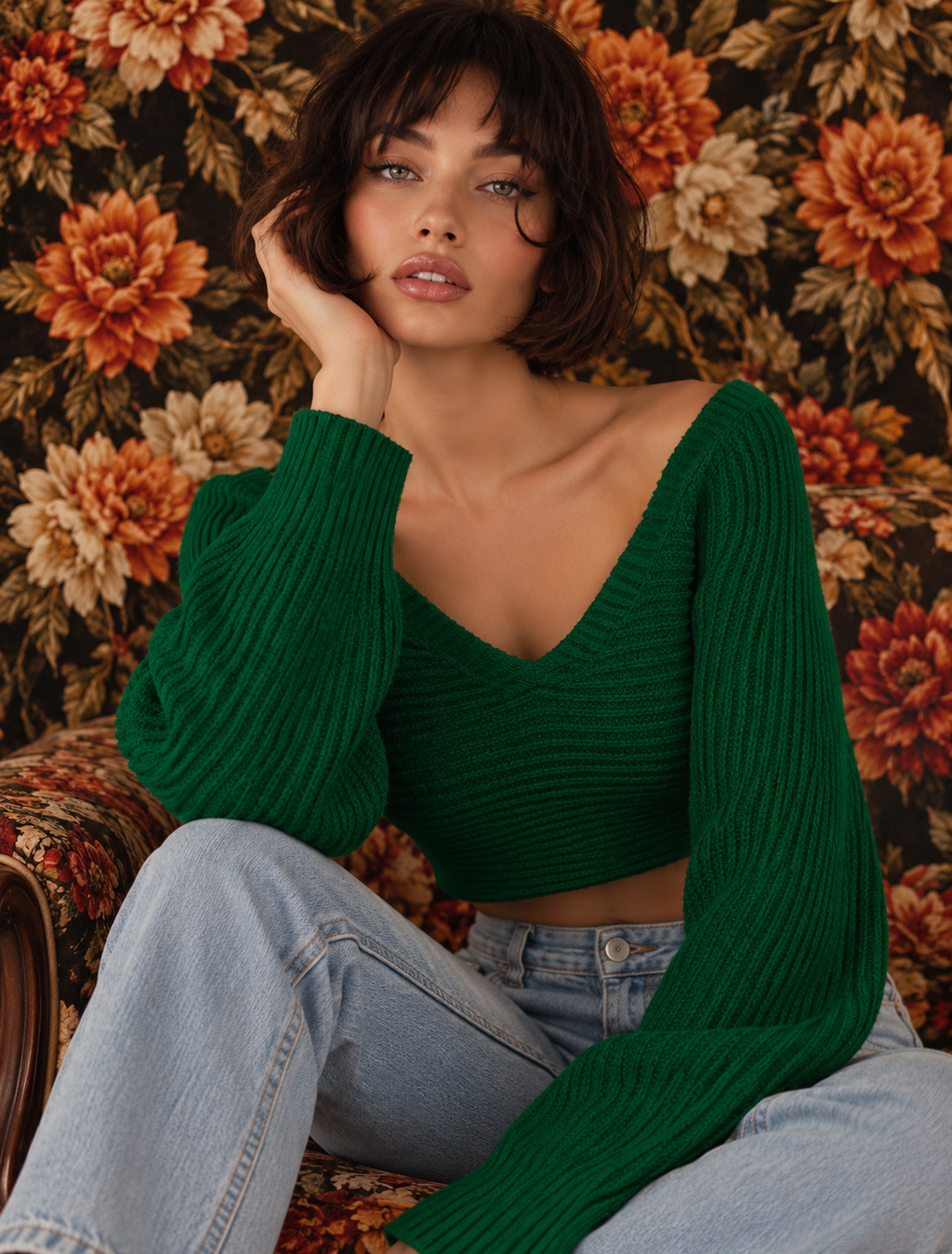 Cropped V-Neck Flare Sleeve Knit Top