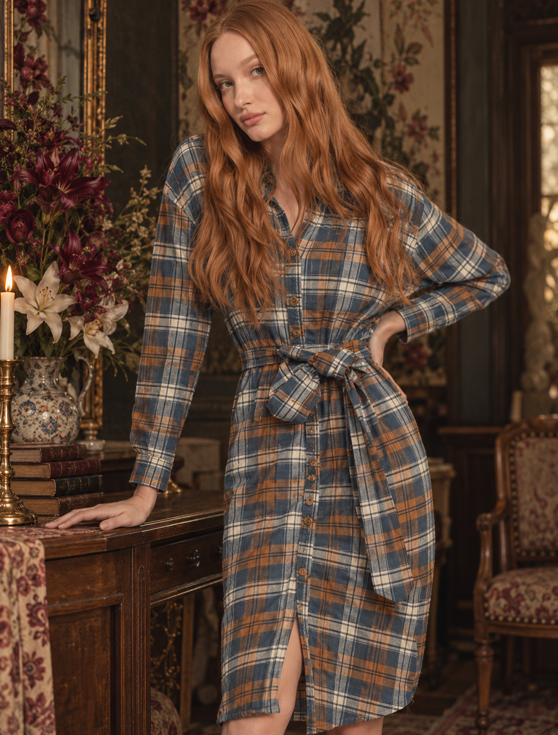 Mable Plaid Flannel Front Tie Button Down Shirt Dress