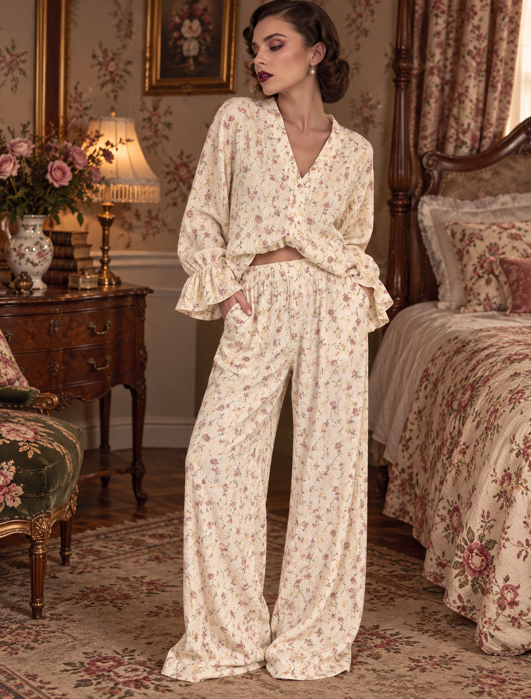 Floral Print Button-Down Top and Pants Lounge Set