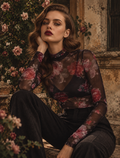 Floral Print Sheer Mesh Long Sleeve Mock Neck Top