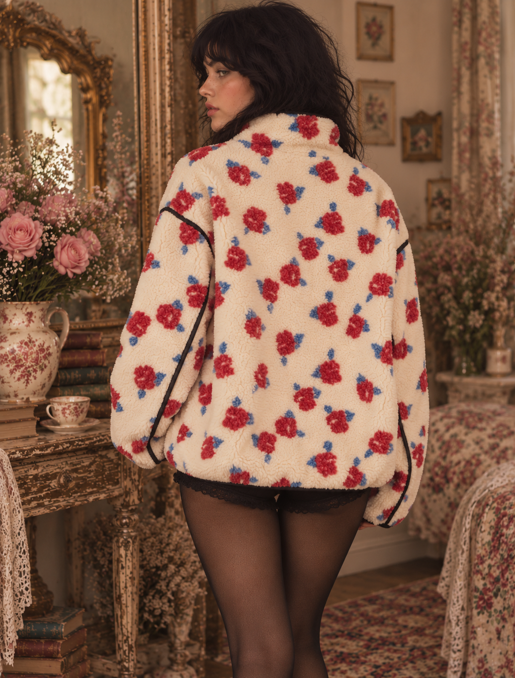 Floral Print Zipper Stand Neck Outerwear Fleece Coat