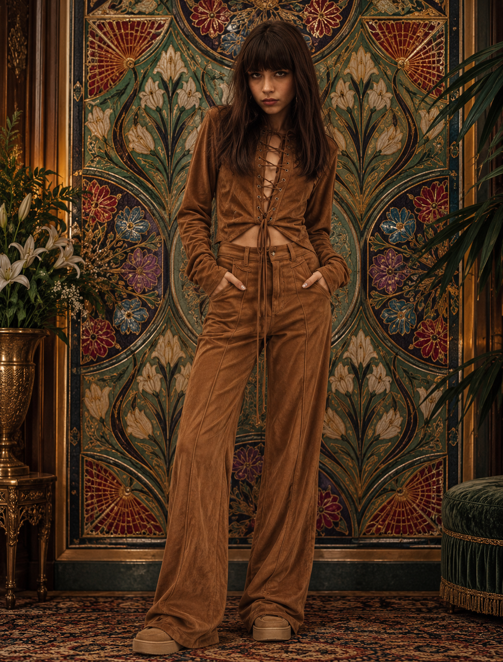 Full Size Lace-Up Long Sleeve Top and Wide-Leg Pants Set Plus Size