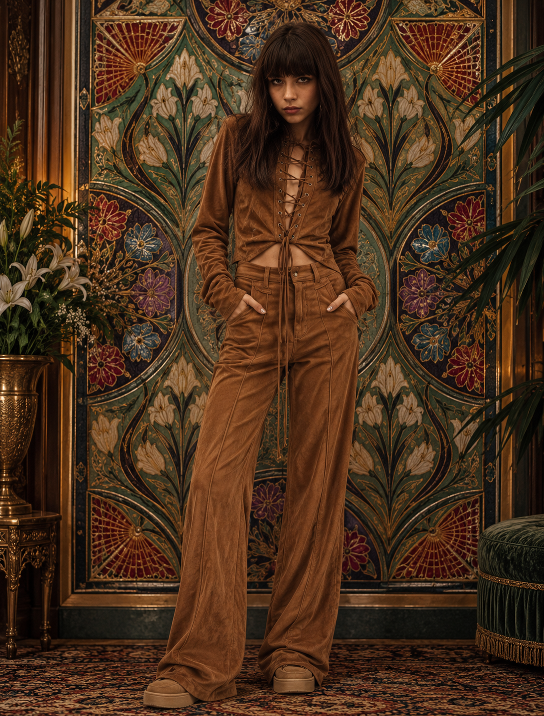 Full Size Lace-Up Long Sleeve Top and Wide-Leg Pants Set Plus Size